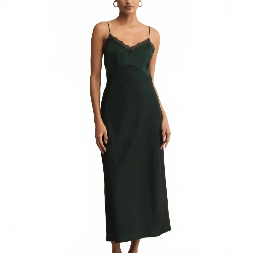 Z Supply Dark Green Lace-Trim Midi Slip Dress